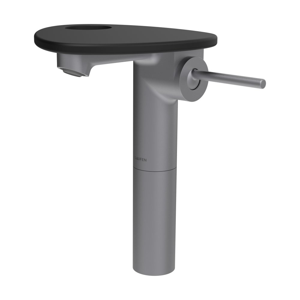 Náhled ADA - umyvadlová stojánková páková baterie vysoká s výtokem 110 mm, bez výpusti, včetně poličky s otvorem, PVD inox/bílá lesk