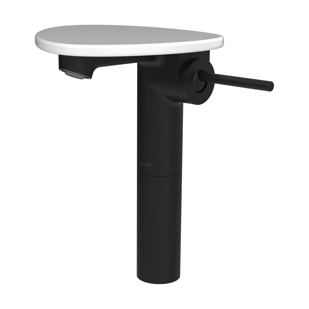 ADA - umyvadlová stojánková páková baterie vysoká s výtokem 110 mm, bez výpusti, včetně poličky bez otvoru, PVD černá/bílá lesk