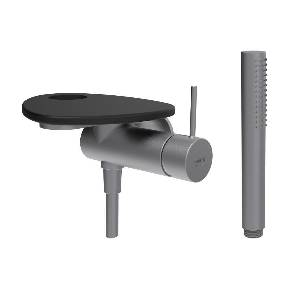 Náhled ADA - sprchová podomítková páková baterie pro 1-bodový Simibox, s ruční sprchou a hadicí, včetně poličky s otvorem, PVD inox/bílá lesk