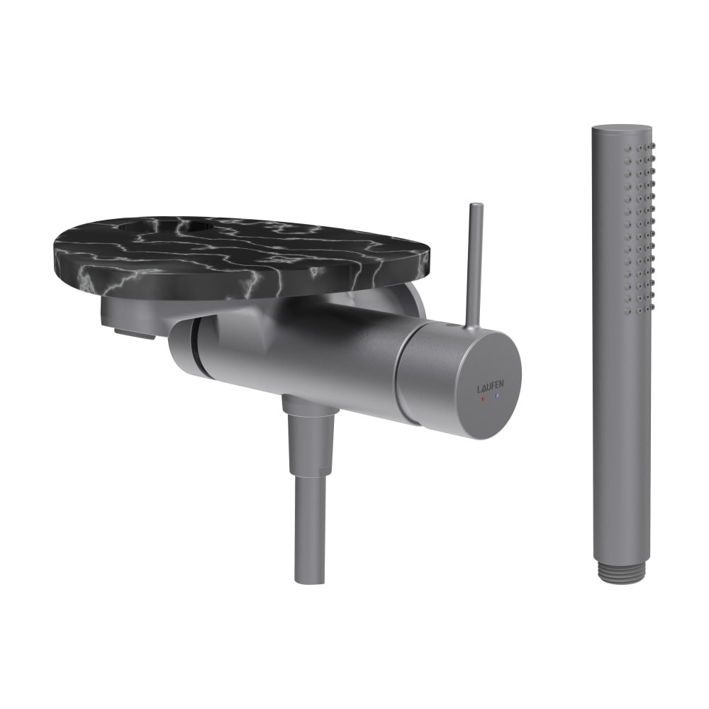 Náhled ADA - vanová podomítková páková baterie pro 1-bodový Simibox, s ruční sprchou a hadicí, včetně poličky s otvorem, PVD inox/bílá lesk