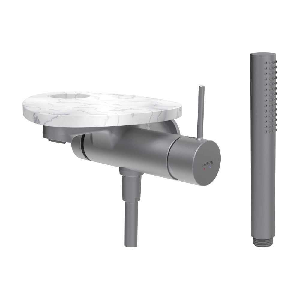 Náhled ADA - vanová podomítková páková baterie pro 1-bodový Simibox, s ruční sprchou a hadicí, včetně poličky s otvorem, PVD inox/bílá lesk