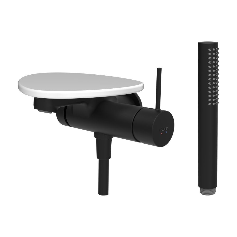 ADA - vanová podomítková páková baterie pro 1-bodový Simibox, s ruční sprchou a hadicí, včetně poličky bez otvoru, PVD černá/bílá lesk