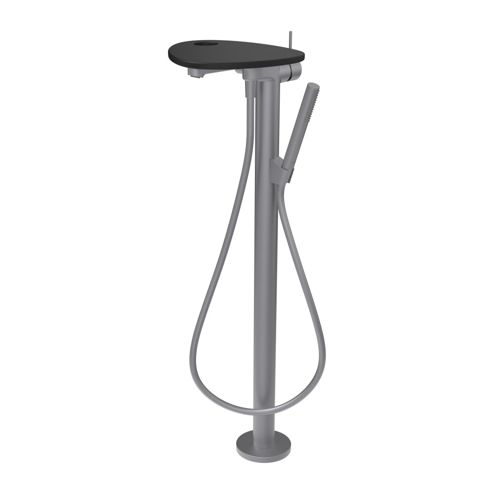 Náhled ADA - vanová páková baterie, včetně ruční sprchy a hadice, montáž na podlahu, včetně poličky s otvorem, PVD inox/bílá lesk