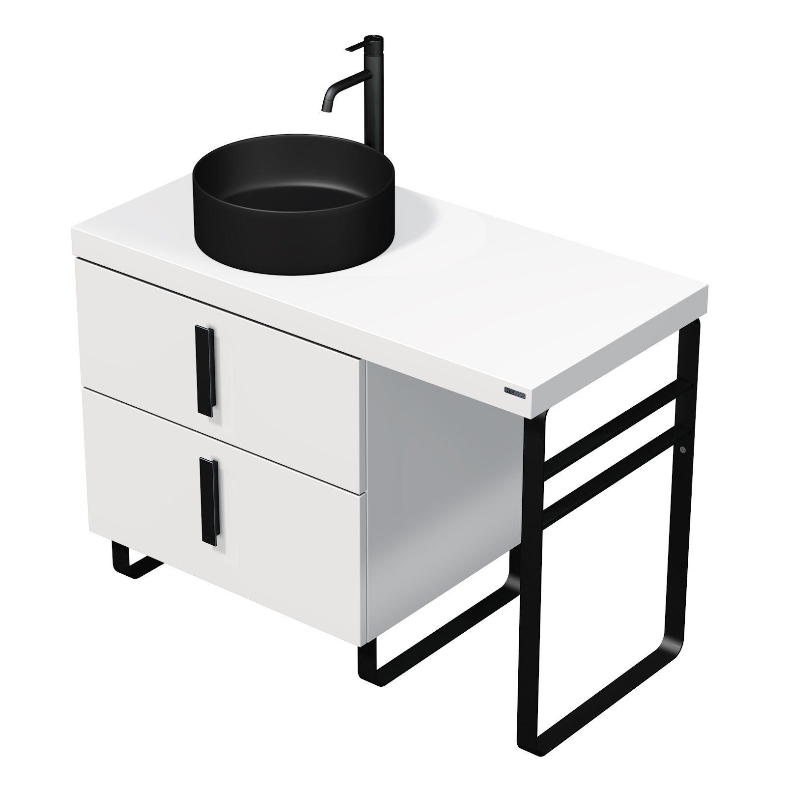 Forty - skříňka 105 cm s umyvadlem na desku vlevo, 2 zásuvky, nožičky