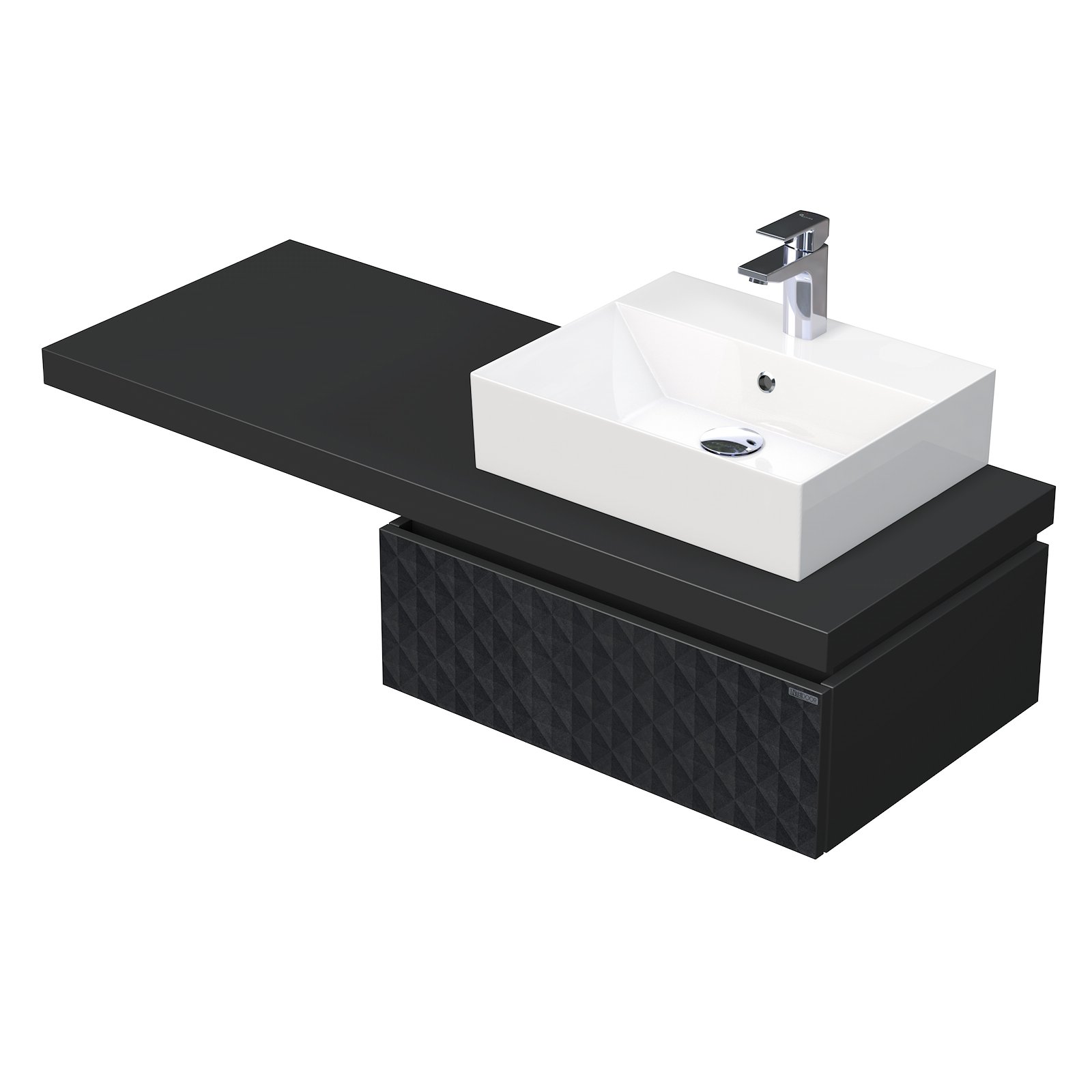 Desk 3D - skříňka 130 cm s umyvadlem na desku vpravo, 1 zásuvka, závěsná, černá DE 54 3D 130 P STORM 1Z U129
