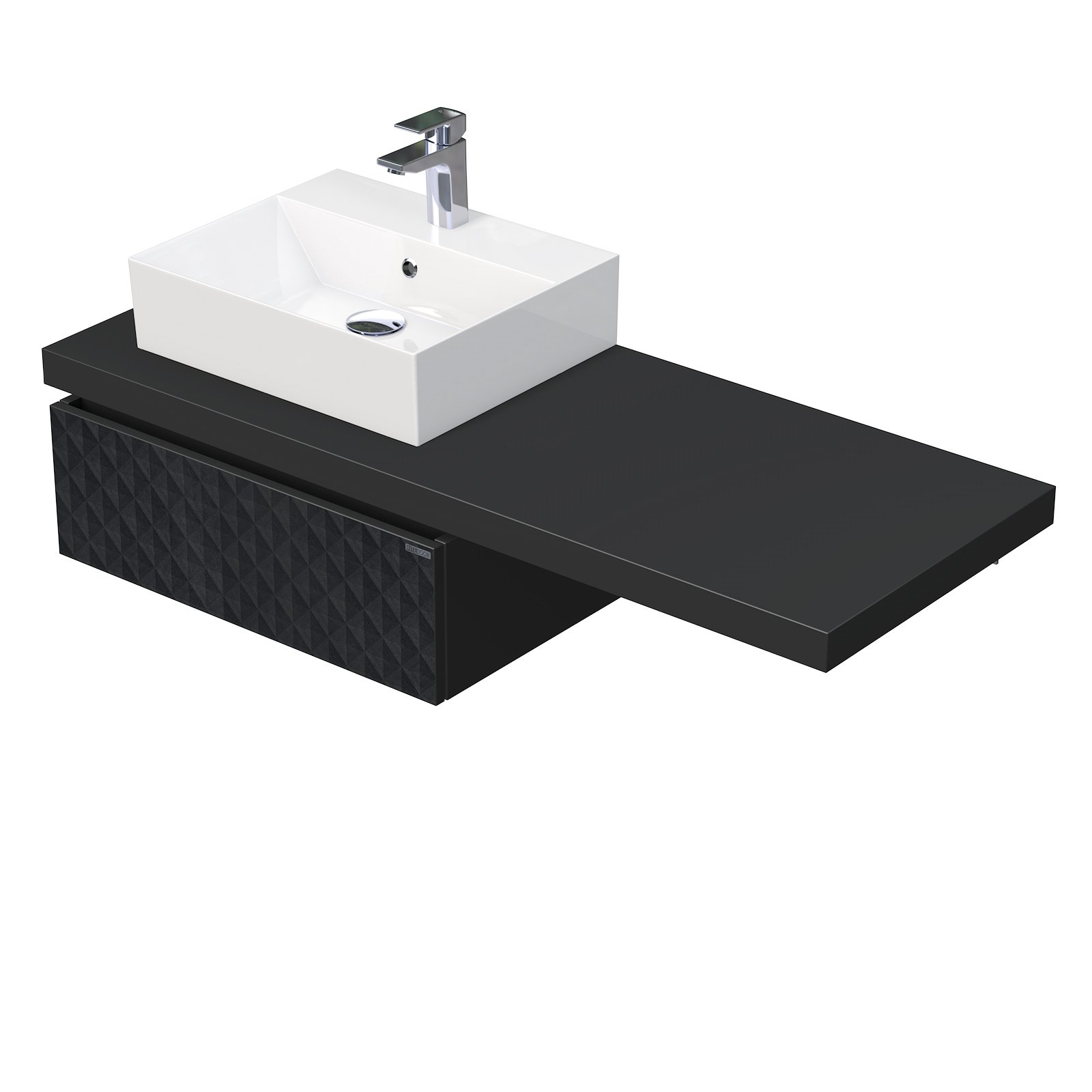 Desk 3D - skříňka 130 cm s umyvadlem na desku vlevo, 1 zásuvka, závěsná, černá DE 54 3D 130 L STORM 1Z U129