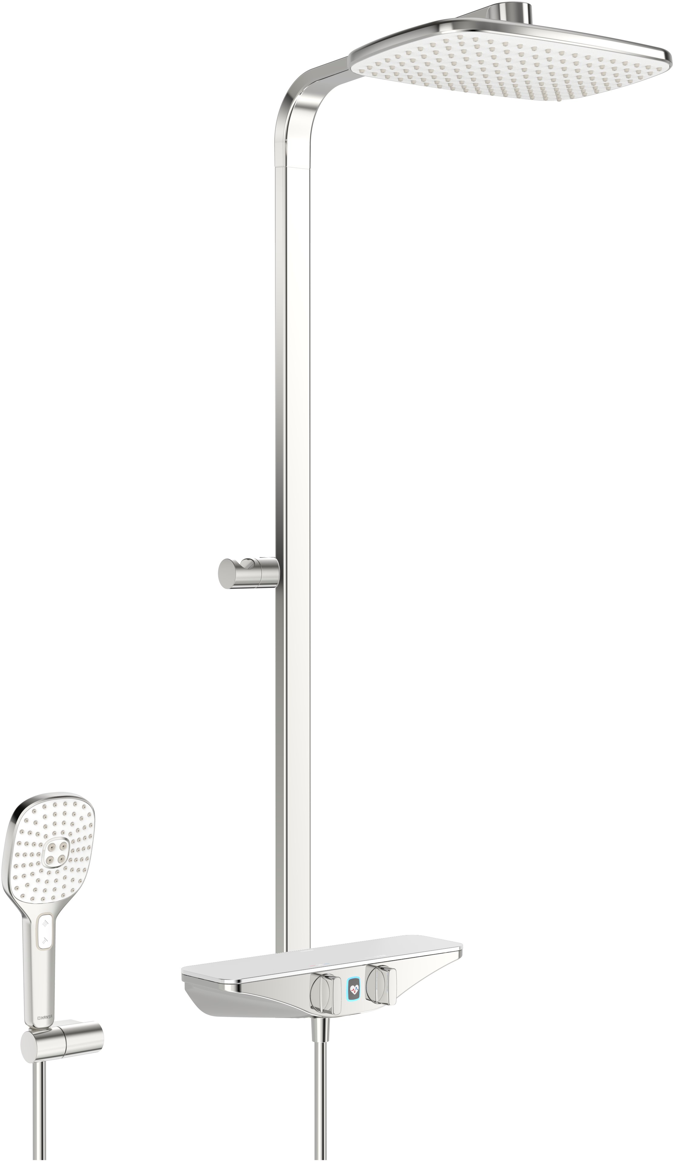 Hansaemotion Wellfit sprchový systém - nástěnná termostatická sprchová baterie, polička bílá 5865017282