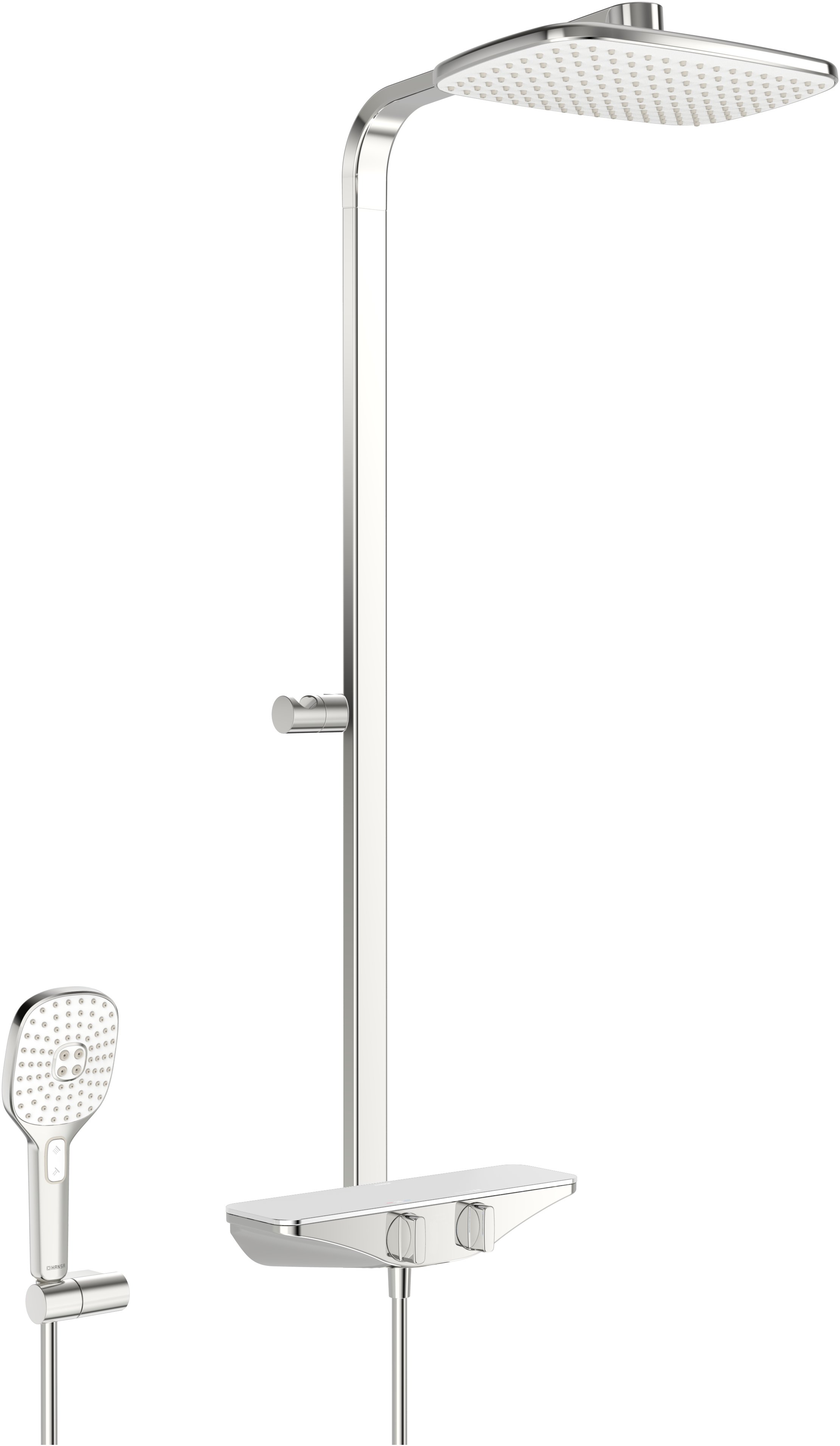 Hansaemotion sprchový systém - nástěnná termostatická sprchová baterie, polička bílá 5865017182