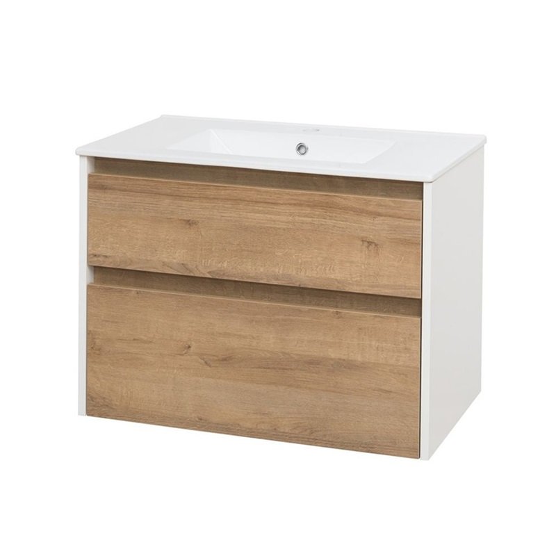 Opto, koupelnová skříňka s keramickým umyvadlem 81 cm, bílá/dub Riviera CN931