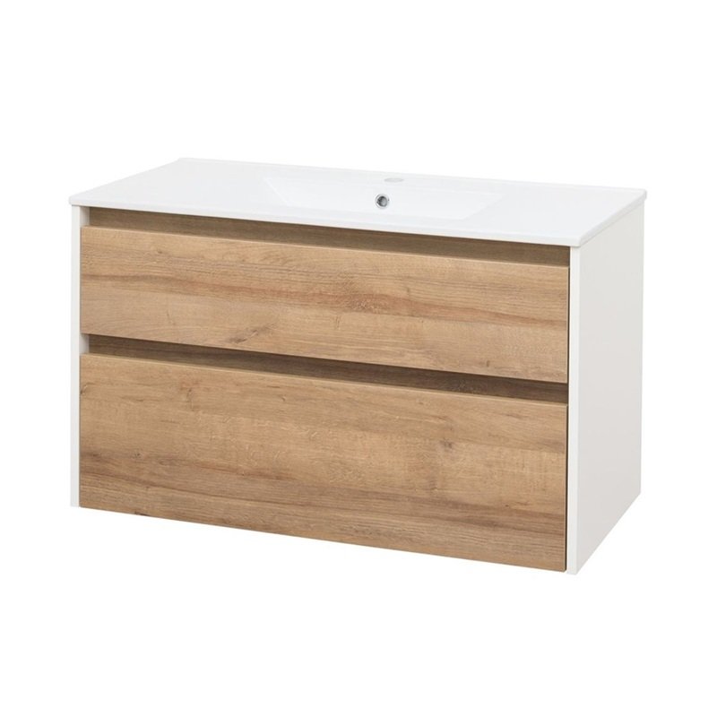 Opto, koupelnová skříňka s keramickým umyvadlem 101 cm, bílá/dub Riviera CN932