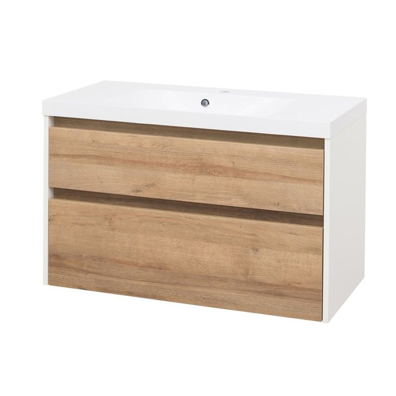 Opto, koupelnová skříňka s umyvadlem z litého mramoru 101 cm, bílá/dub Riviera CN932M
