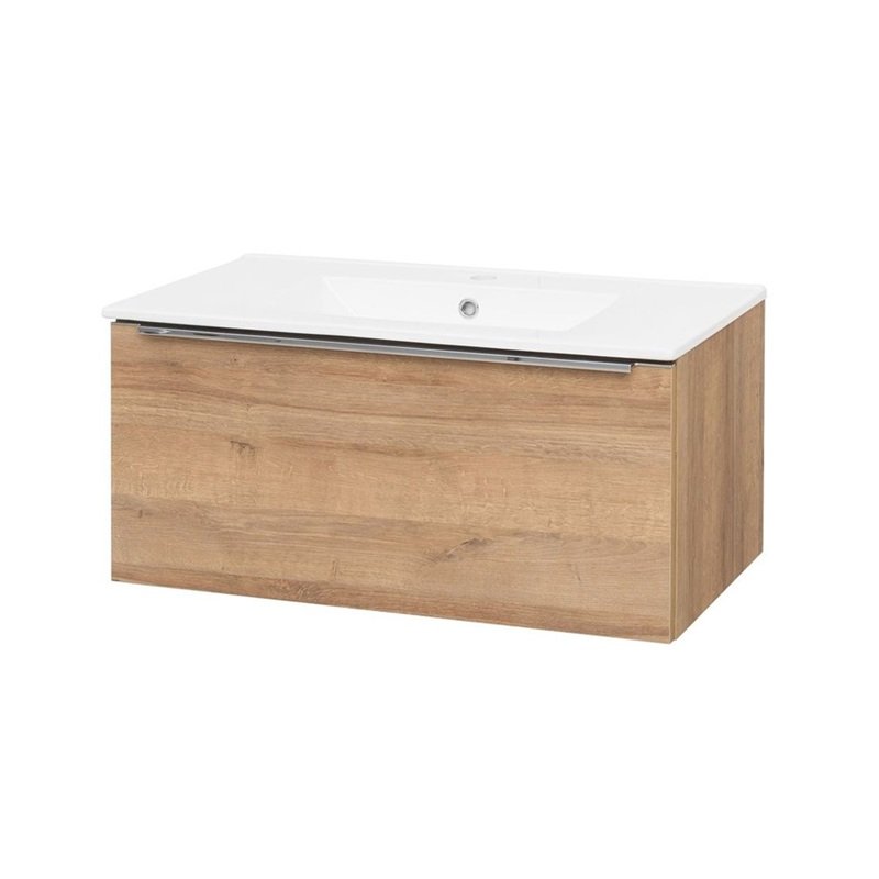 Mailo, koupelnová skříňka s keramickým umyvadlem 81 cm, dub Riviera, úchytka: chrom CN526