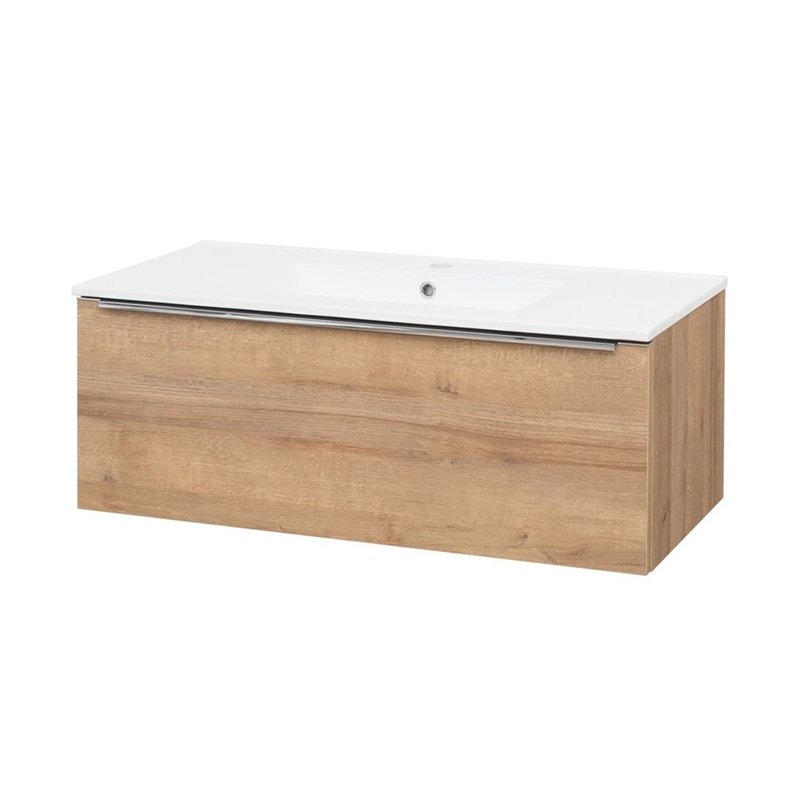 Mailo, koupelnová skříňka s keramickým umyvadlem 101 cm, dub Riviera, úchytka: chrom CN527