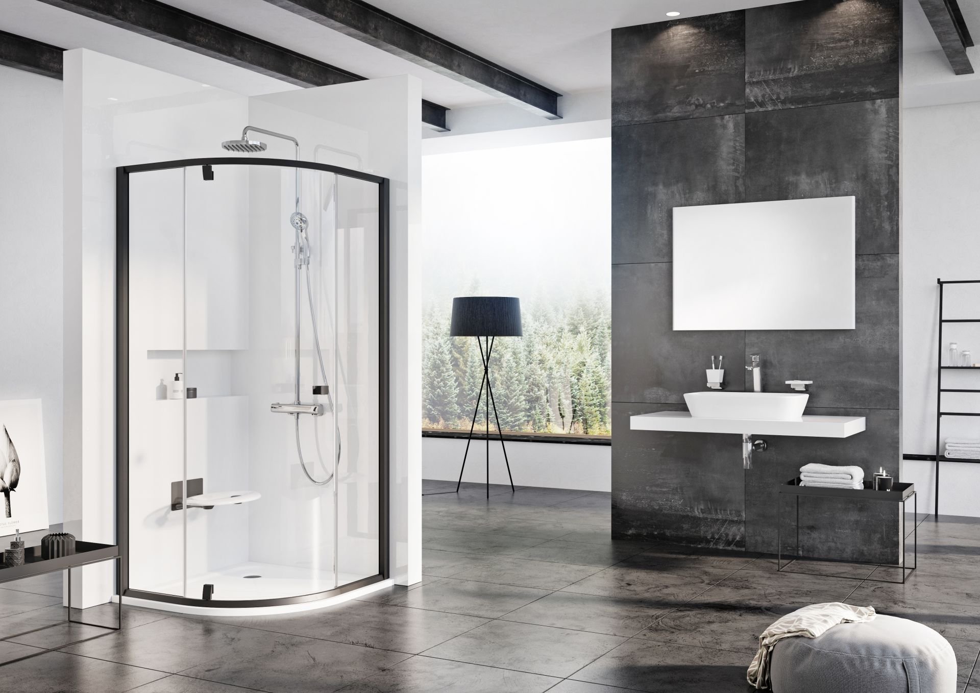 PSKK3 90 kout čtvrtkruhový, rám black/sklo transparent, 90x90