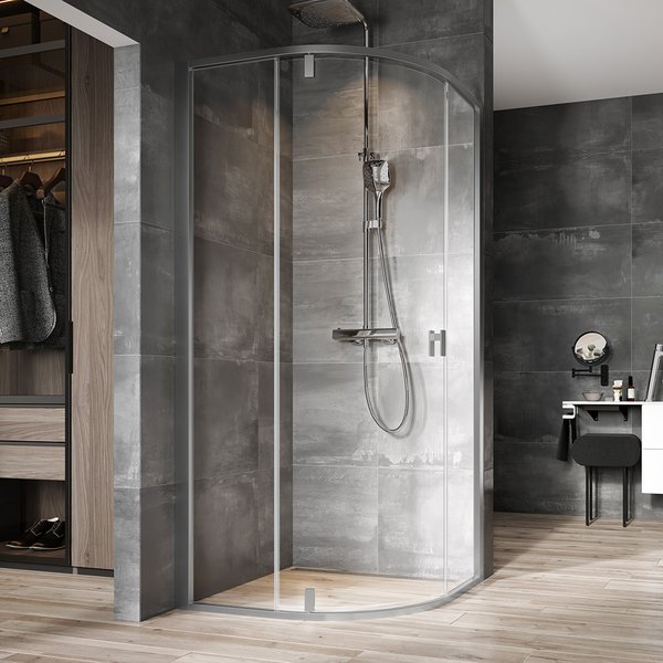 NSKK3-90 čtvrtkruhový kout, rám satin/sklo transparent, 90x90
