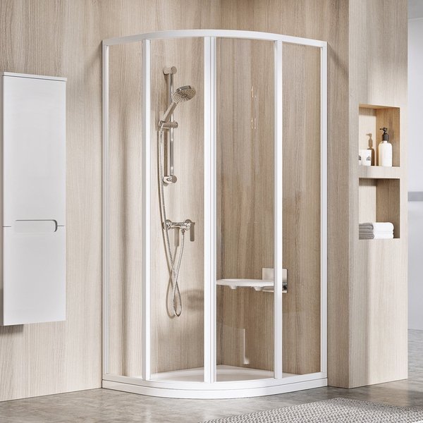 SKCP4-90 195 kout čtvrtkruhový, rám bílý/sklo transparent, 90x90