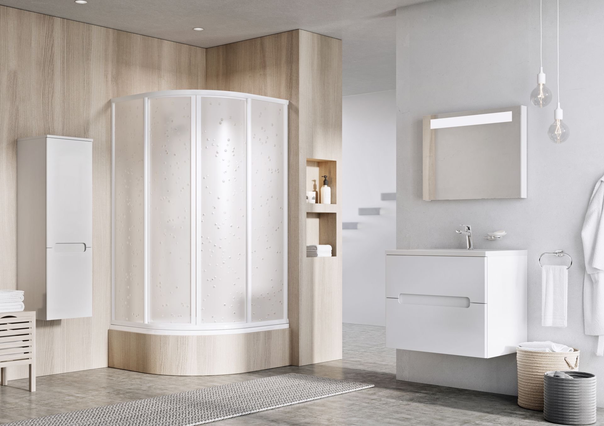 SKCP4 80 Sabina čtvrtkruhový kout posuvný snížený, rám bílý/plast pearl, 80x80