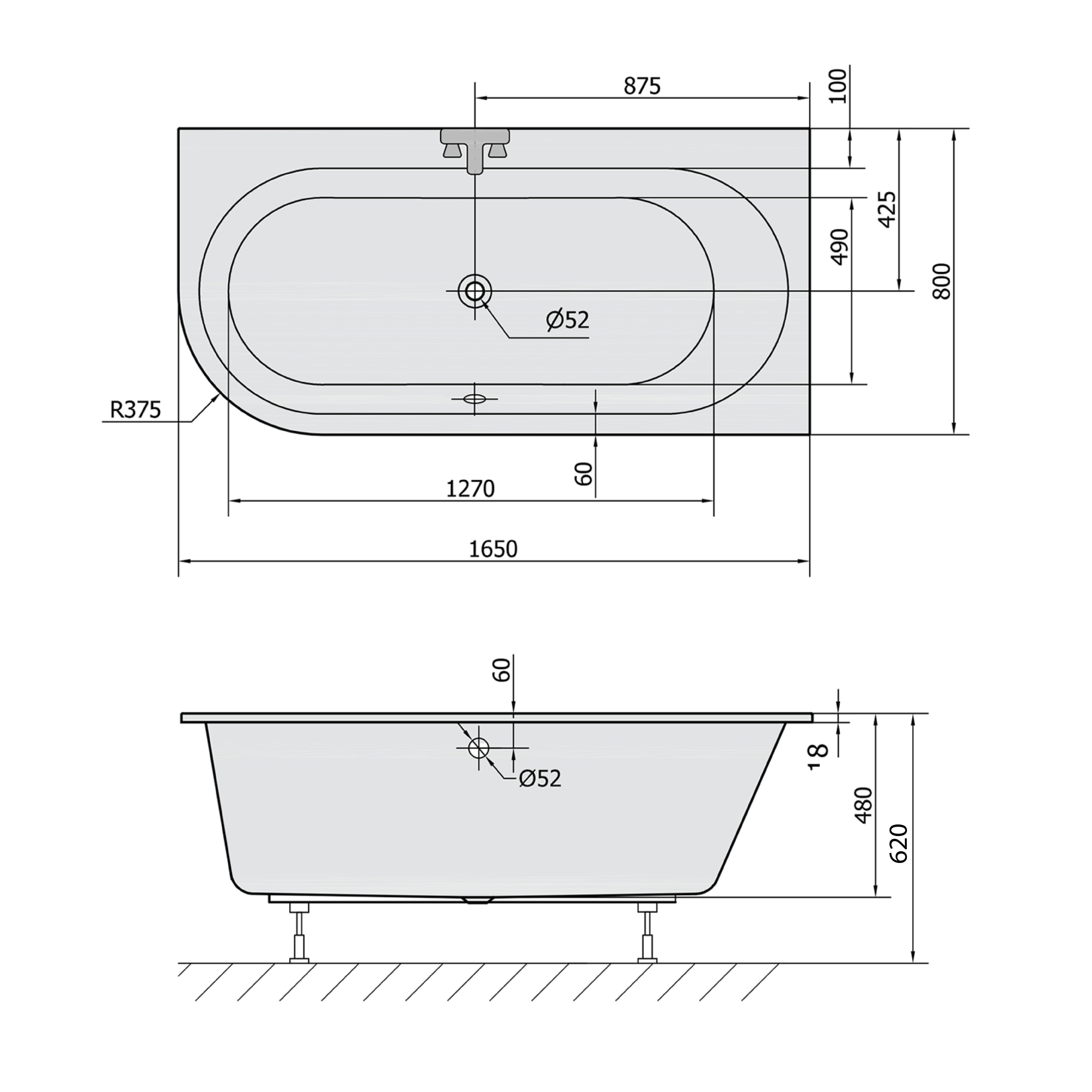 Náhled Astra R Slim asymetrická vana 165x80x48 cm, bílá