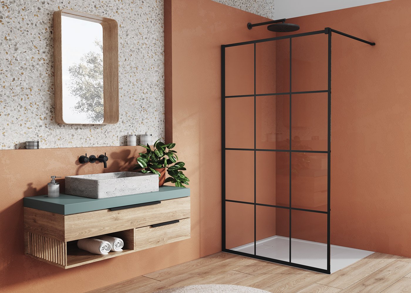 STR4P Loft 89 - pevná stěna samostatná s vyrovnávacím profilem 140 cm, černý matný profil