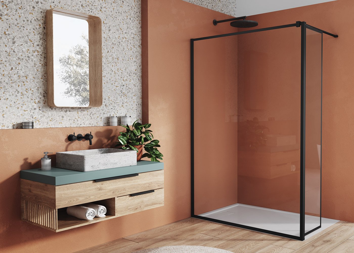 Náhled STR4P Loft 90 - pevná stěna samostatná s vyrovnávacím profilem 90 cm, profil černý