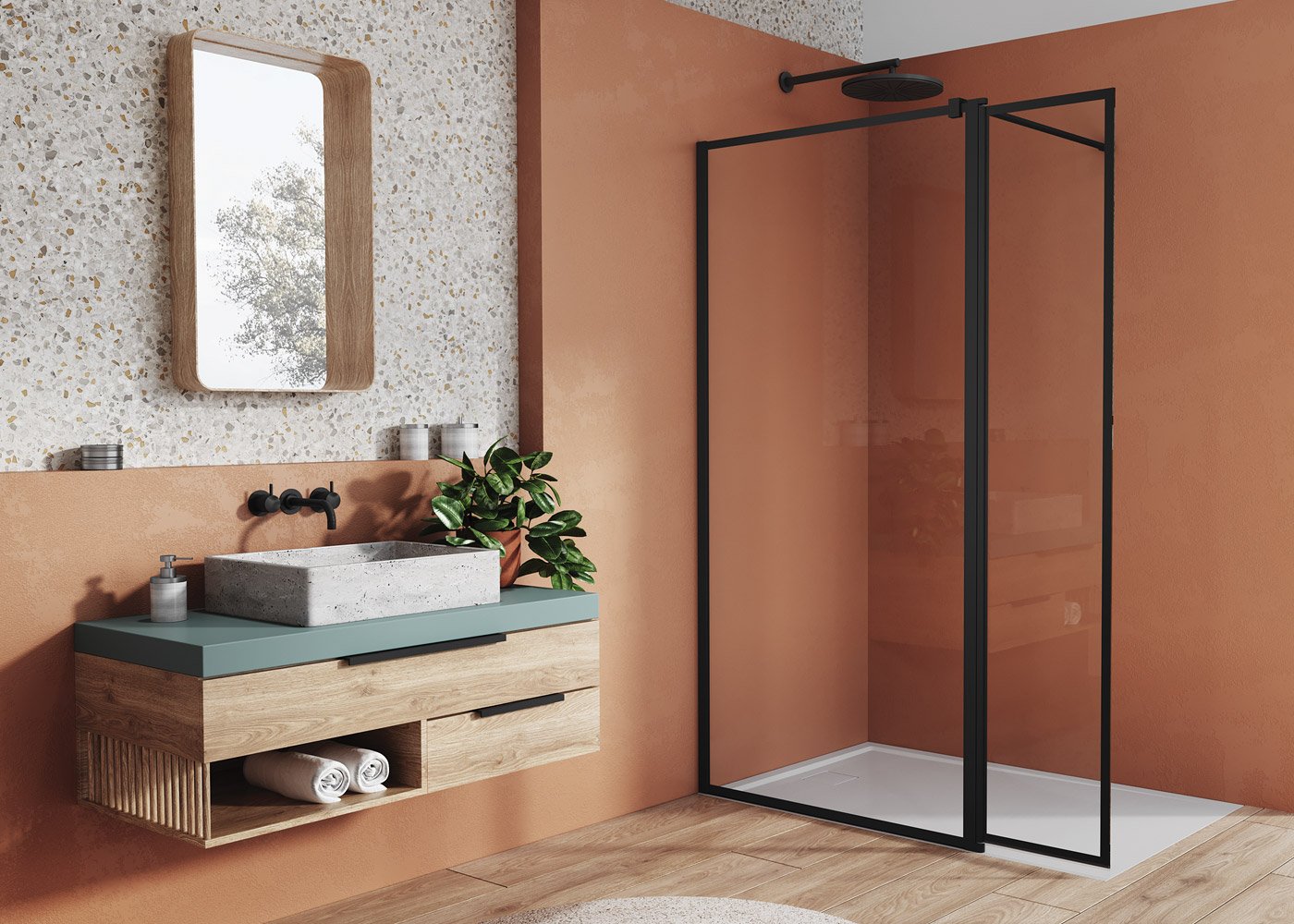 Náhled BTE3 - montážní set s krátkou otočnou stěnou v 180°, profil černý