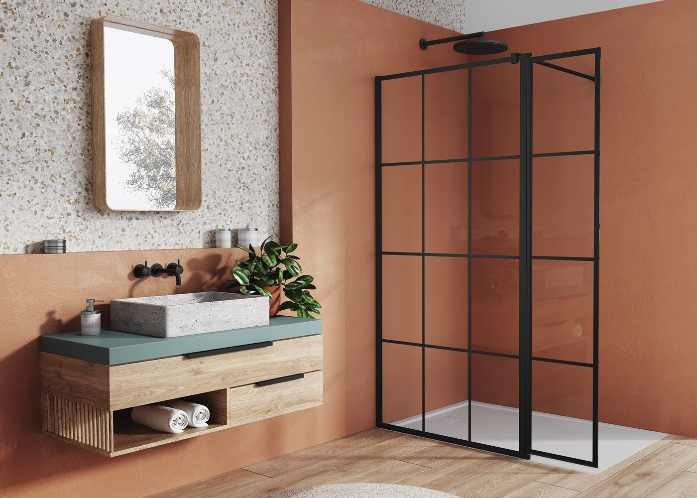 Náhled BTE3 - montážní set s krátkou otočnou stěnou v 180°, profil černý