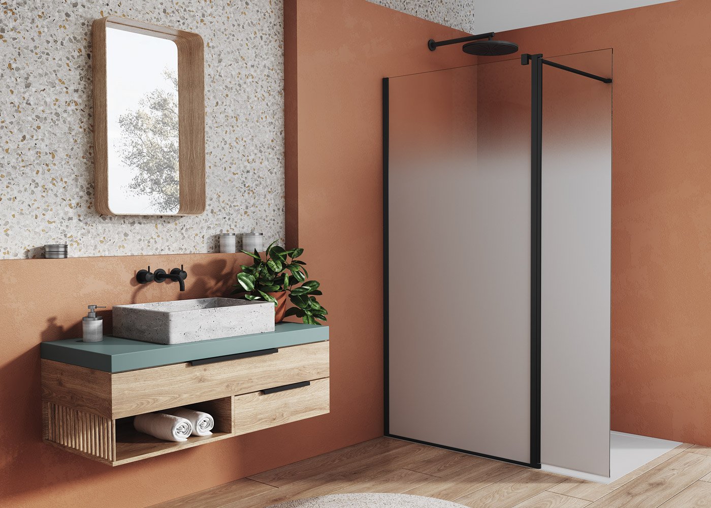 Náhled BTE3 - montážní set s krátkou otočnou stěnou v 180°, profil černý