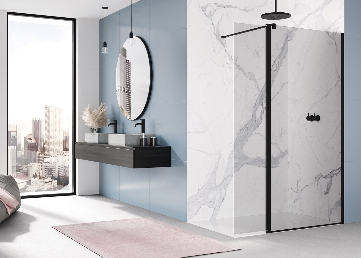 Náhled BTE3 - montážní set s krátkou otočnou stěnou v 180°, profil černý