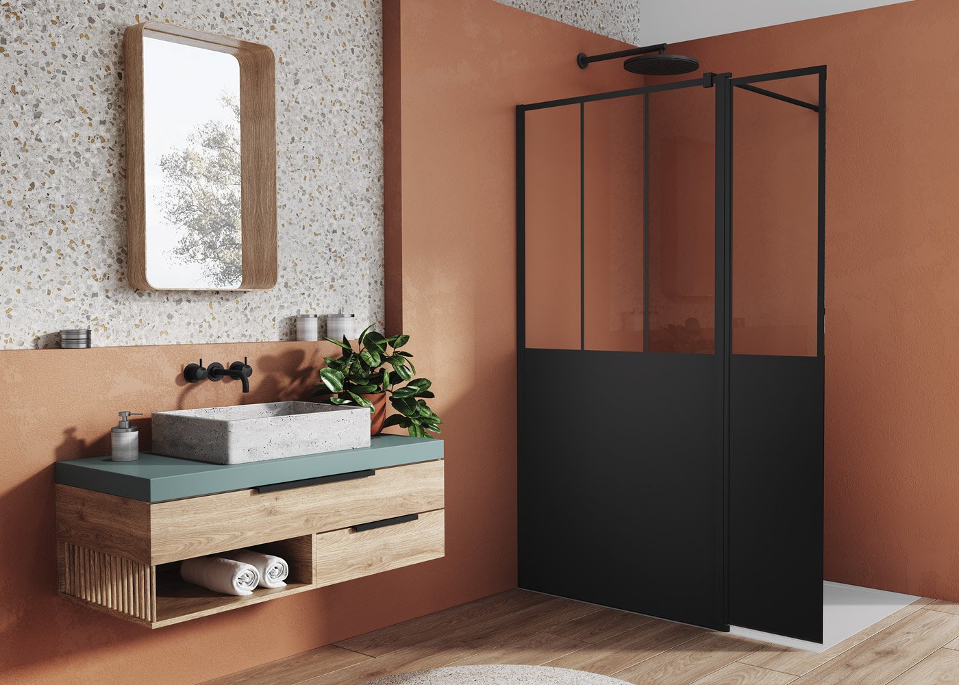 Náhled BTE3 - montážní set s krátkou otočnou stěnou v 180°, profil černý