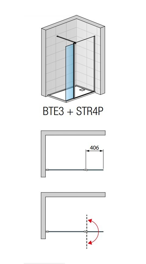 Náhled BTE3 - montážní set s krátkou otočnou stěnou v 180°, profil černý