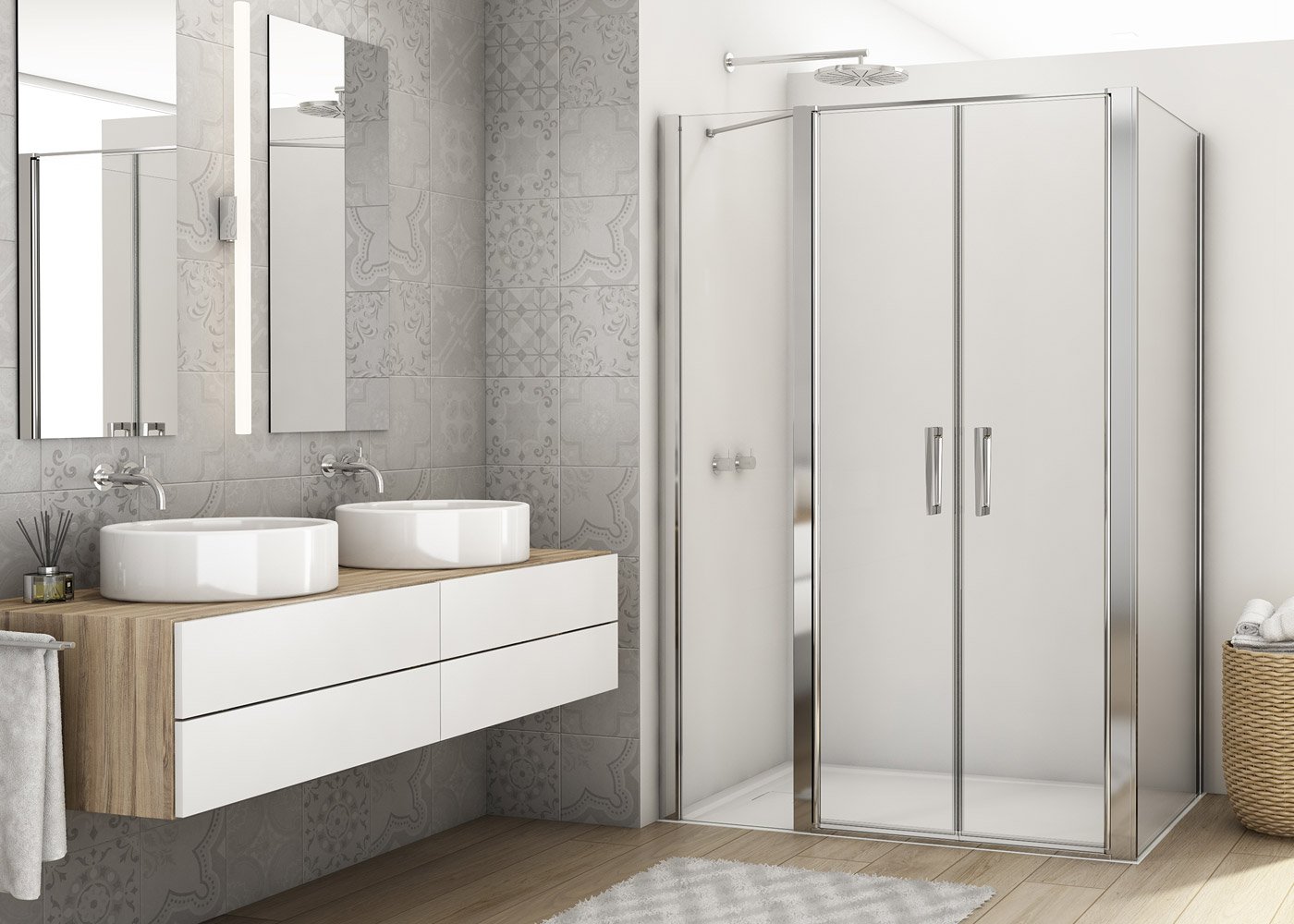 Náhled D22T32 - dvoukřídlé dveře s pevnou stěnou v rovině 140 cm (dveře 120 cm)