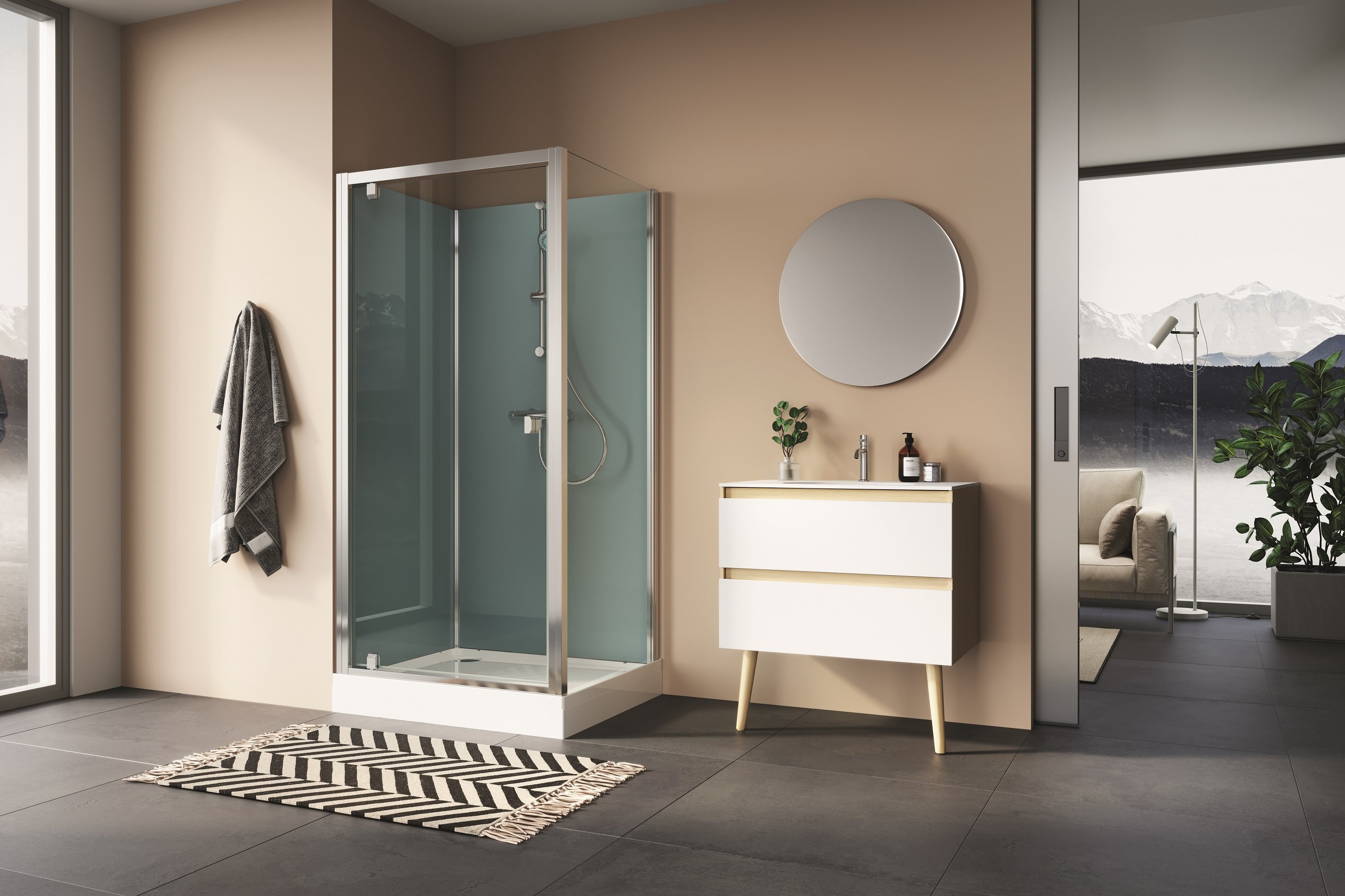 Modul 1200 D20T1+D20F1 do rohu: čtyřpanelová sprchová kabina 80x80 cm, křídlové dveře, termostatická baterie