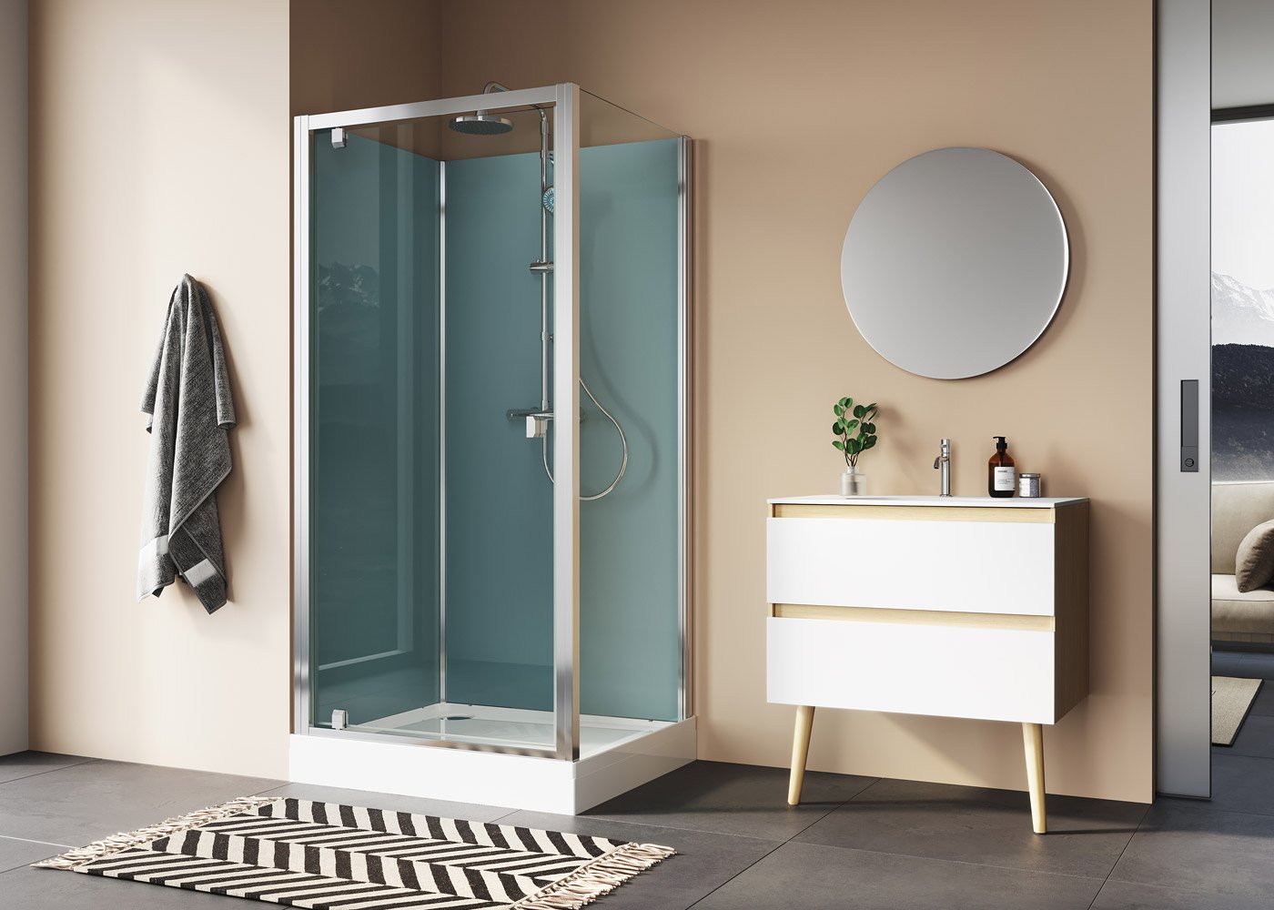 Modul 1200 D20T1+D20F1 do rohu: čtyřpanelová sprchová kabina 80x100 cm, křídlové dveře, termostatická baterie, hlavová sprcha