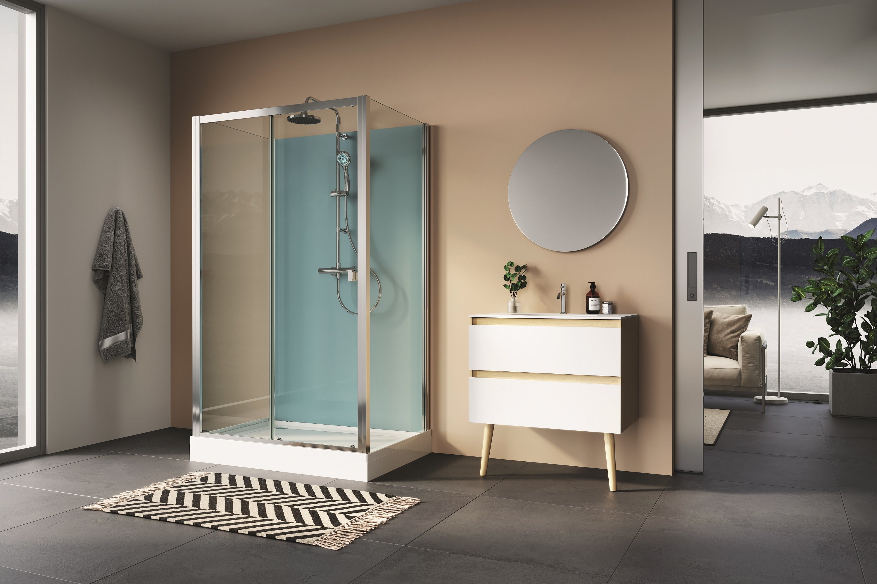 Modul 1200 U-montáž: čtyřpanelová sprchová kabina 80x120 cm, posuvné dveře, termostatická baterie, hlavová sprcha