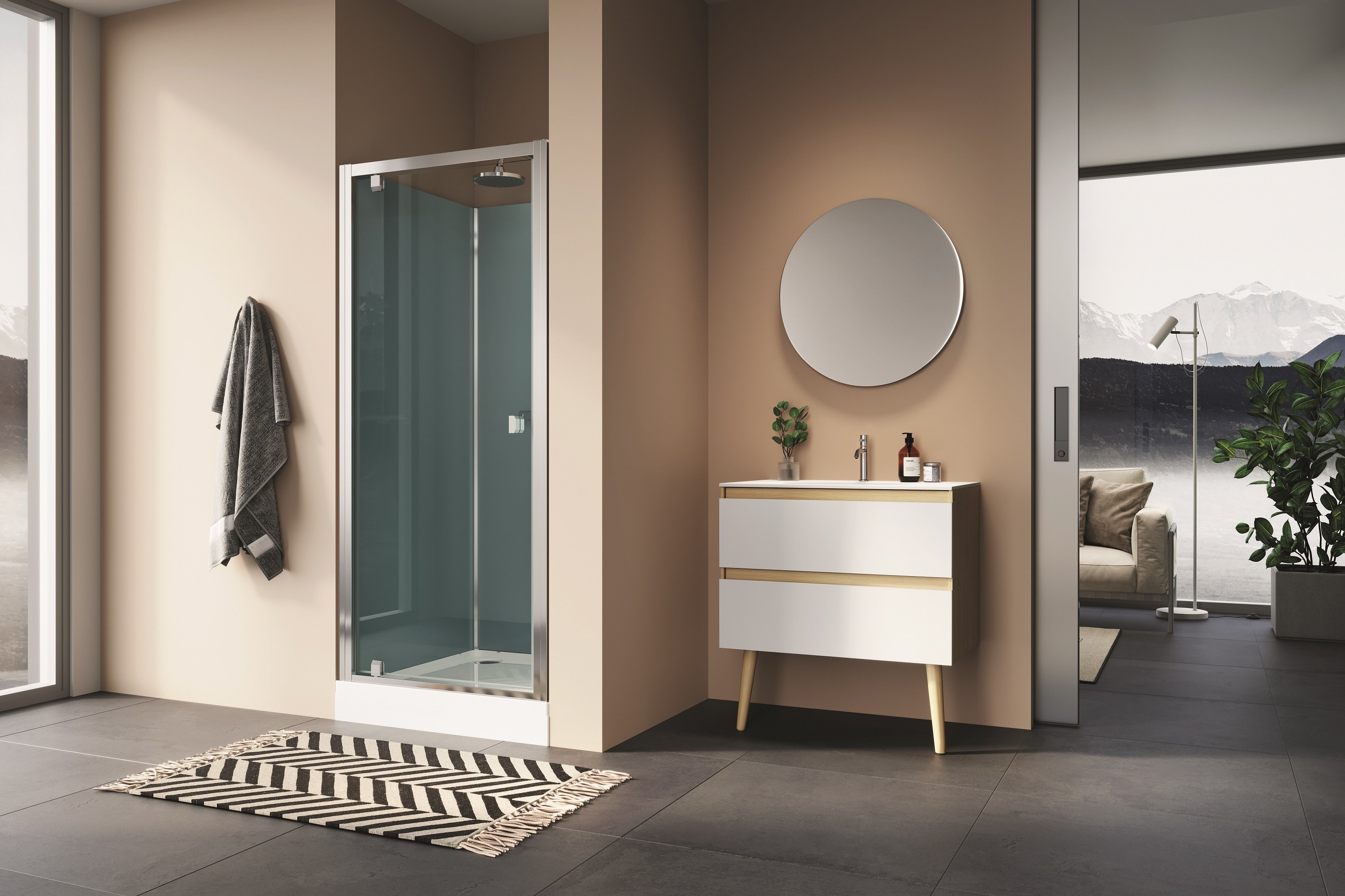 Modul 1200 do niky: čtyřpanelová sprchová kabina 80x100 cm, křídlové dveře, termostatická baterie, hlavová sprcha
